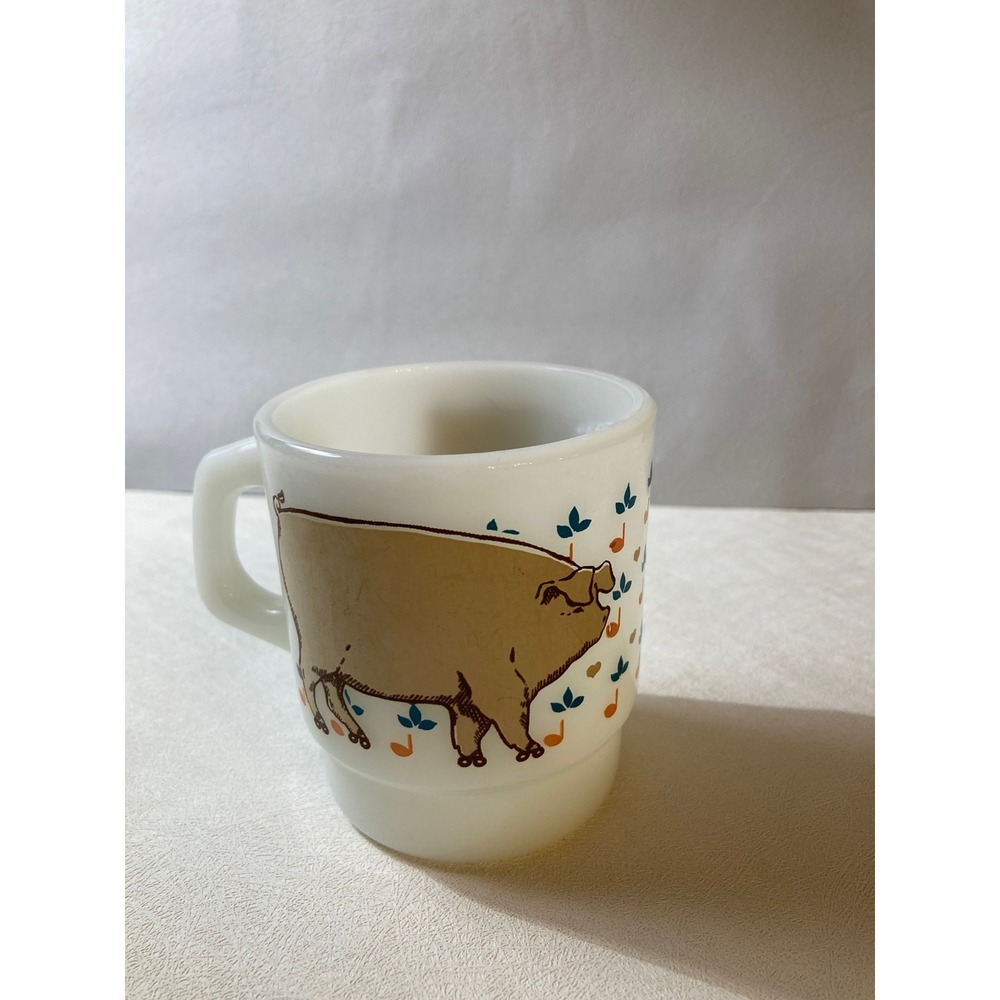 Vintage Fire-King Milk Glass Stacking Mug Pig Musical Notes Tan White USA Made